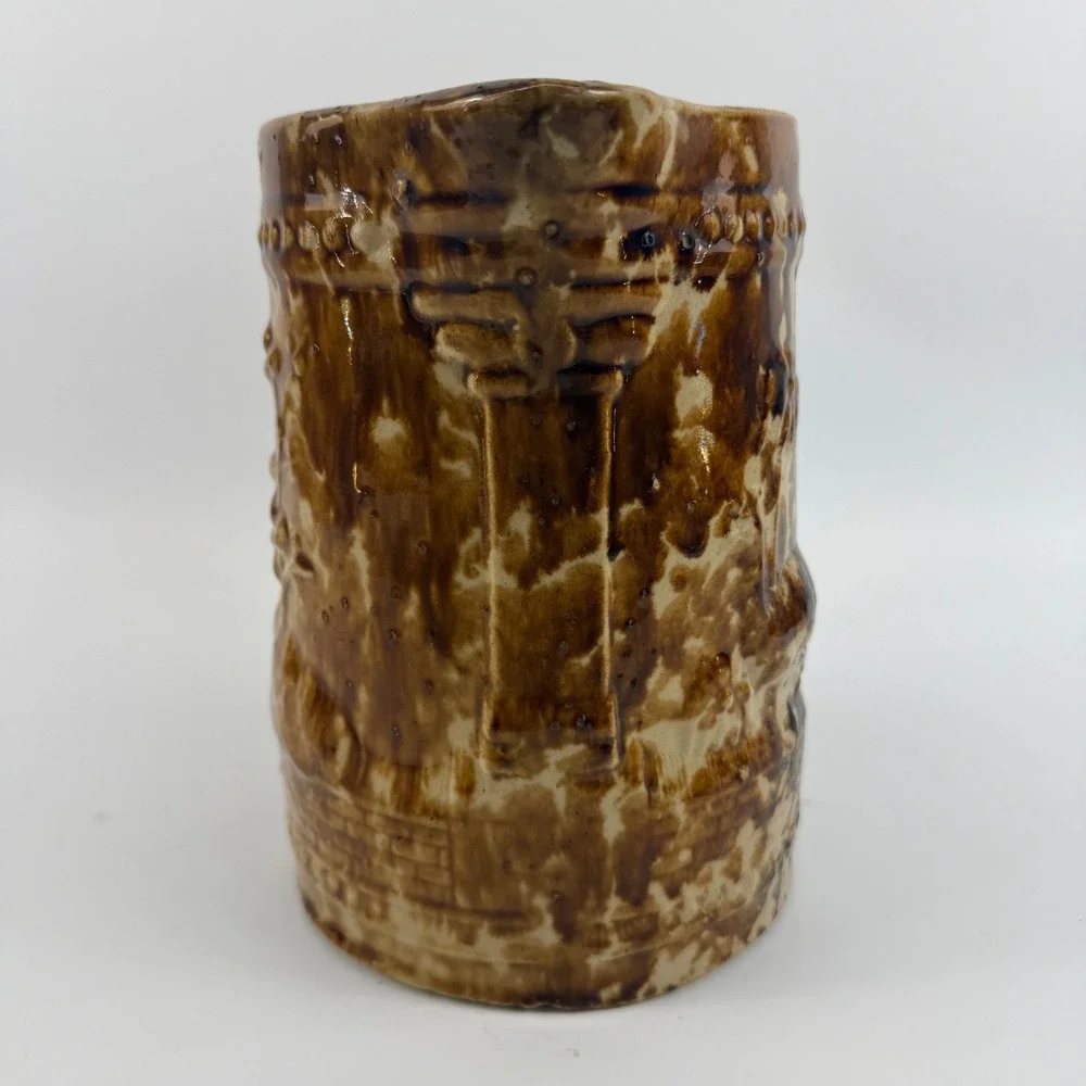 Rockingham Glazed Yellowware Relief Floral Pitcher Brown Spongeware Antique‎